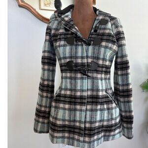 Womens Plaid Toggle Hooded Coat‎ Jacket Blue Black Pink Outerwear